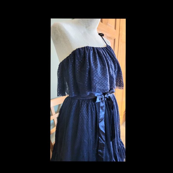 Lulu's Adorable Event Navy Blue Mesh One-Shoulder Swiss Dot Mini Dress - Picture 5 of 15